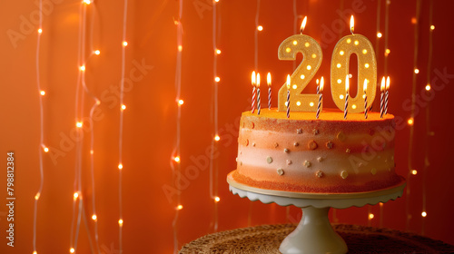 Birthday orange cake on a 20 years decorated with topper number twenty, candles, lights.