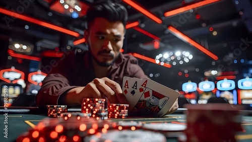 Man playing poker at casino table with cards and chips. Concept Casino, Poker, Gambling, Cards, Chips photo
