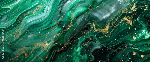 Majestic emerald marble ink spreads dynamically over an enchanting abstract landscape, twinkling with scattered glitters.