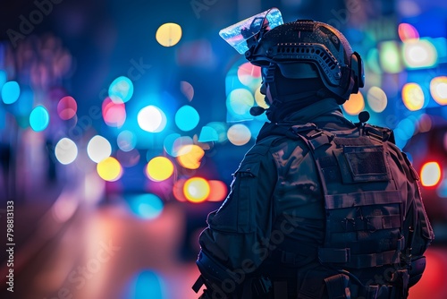 A tactically equipped officer on a night watch, surrounded by the colorful blur of city nightlife