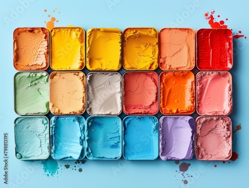 a bunch of different colored watercolors are stacked on top of each other on a blue background . High quality