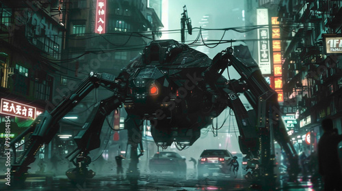 closeup view Humans against robots concept. A war of machines is taking place in a destroyed city. Giant robots with red eyes are attacking people