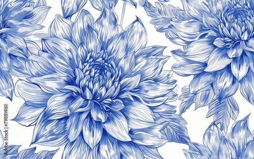 Symmetrical pattern of electric blue and white flowers on a white background