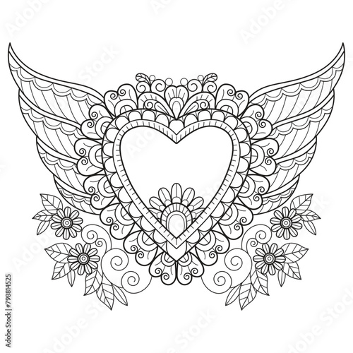 Angel heart frame hand drawn for adult coloring book
