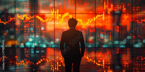 a businessman's silhouette set against the backdrop of a dynamic stock chart, crafted with precision to evoke the thrill and momentum of financial success