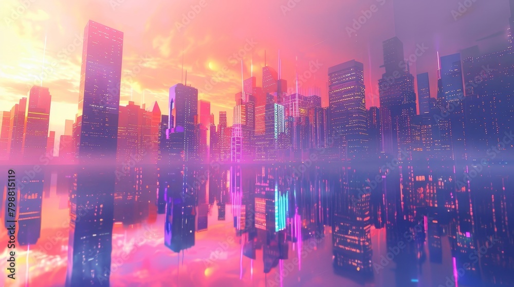 Fototapeta premium A city skyline is reflected in a body of water, with the sky above the city being a mix of pink and purple. The city is lit up with neon lights, creating a vibrant and energetic atmosphere