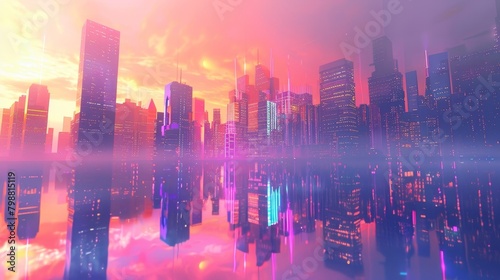 A city skyline is reflected in a body of water  with the sky above the city being a mix of pink and purple. The city is lit up with neon lights  creating a vibrant and energetic atmosphere