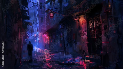 A dark and lonely figure walks down a wet city street, illuminated only by the flickering neon lights photo
