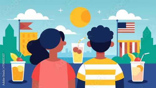 Two friends eagerly watch the busy street from behind their lemonade stand excited to share their love for the country with their delicious drinks.. Vector illustration