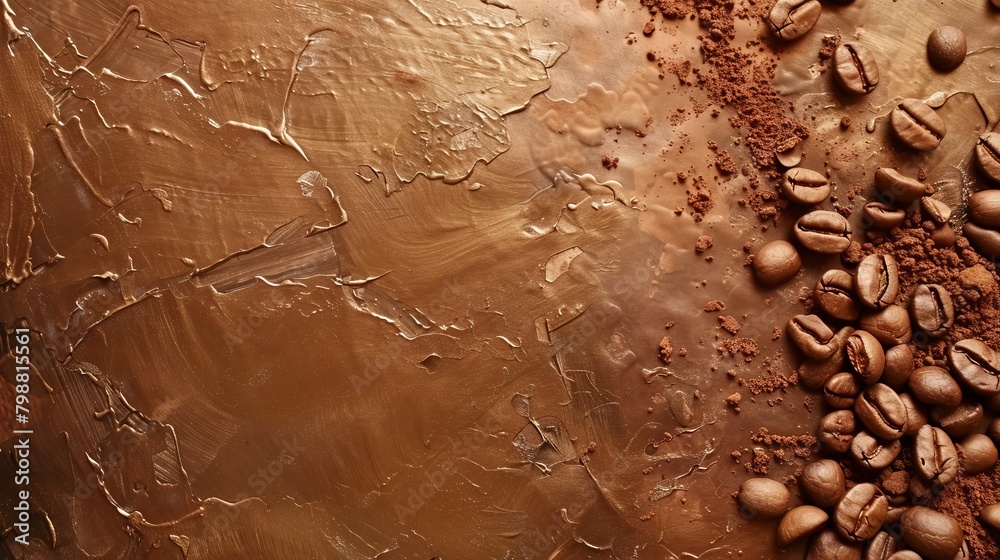 Obraz premium A brown background with coffee beans scattered on it. Concept of warmth and comfort, as the coffee beans are a common symbol of relaxation and enjoyment