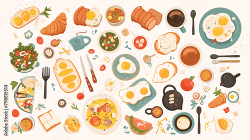 Breakfast types vector illustrations set. Morning m