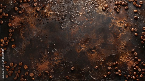 A brown background with coffee beans scattered on it. Concept of warmth and comfort, as the coffee beans are a common symbol of relaxation and enjoyment