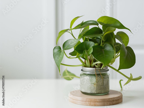 a thriving money plant  Epipremnum aureum  growing in a transparent jar  with its vibrant  heart-shaped leaves cascading down the sides.