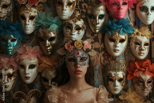 a woman stands in front of a wall with many masks.