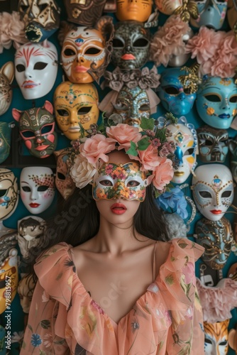 a woman stands in front of a wall with many masks.