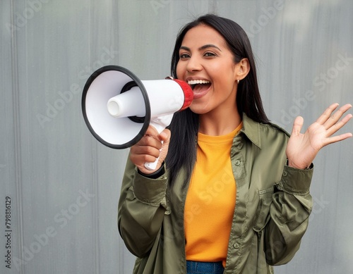 Hurry up. Stylish brunette woman screaming in loudspeaker, announces about final sales and discounts day, black friday