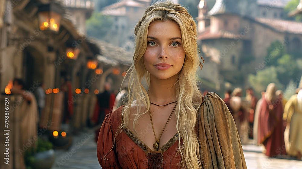 Portrait of a medieval woman in a village. Portrait of a medieval woman in a village.