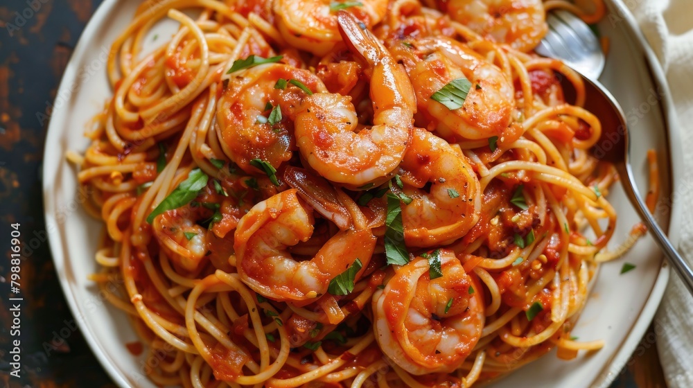 Close up top view of spicy shrimp spaghetti in tomato sauce on a plate