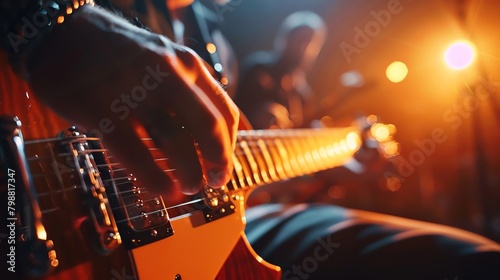 Close-up of a guitarist's fingers sliding on the fretboard, intensity of a live rock concert