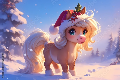 cute cartoon horse wearing christmas hat in the snow