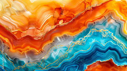High Resolution Vibrant Orange and Cool Blue Alcohol Ink Waves, Agate Ripples with a Glossy Surface.