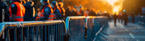 Close-up on crowd control barriers at an outdoor event, security personnel in the background, safety first