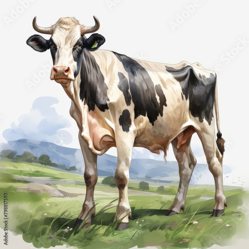 A watercolor painting of a cow standing in a green field  looking at the viewer with a curious expression.