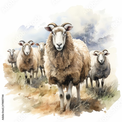 Wallpaper Mural A watercolor painting of a group of sheep standing in a field, looking at the viewer. Torontodigital.ca