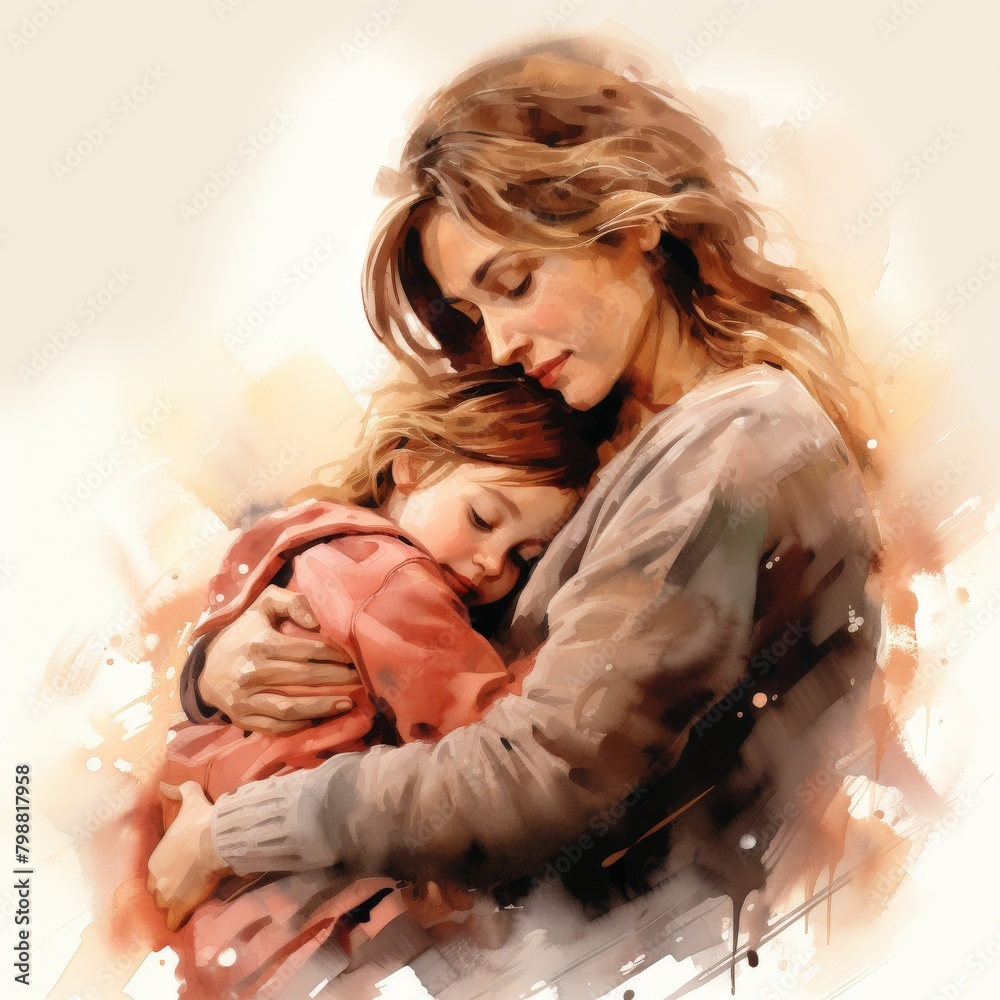 A watercolor painting of a mother and her child.