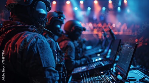 Detail of a security team's coordinated effort at a concert, close-up on equipment and teamwork in action photo