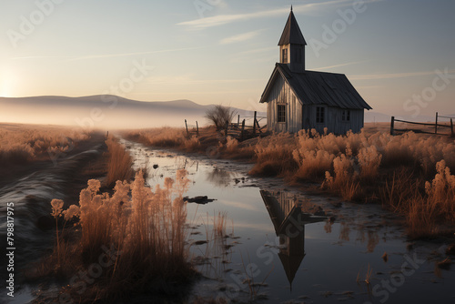 Une petite église blanche au milieu d’un champ ouvert avec des nuages ​​sombres au-dessus. En automne, un chemin de terre y mène. La scène a une atmosphère nostalgique et intemporelle. photo