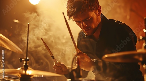 Drummer's intensity during a live performance, sticks in motion, sweat and passion, close-up on the action photo