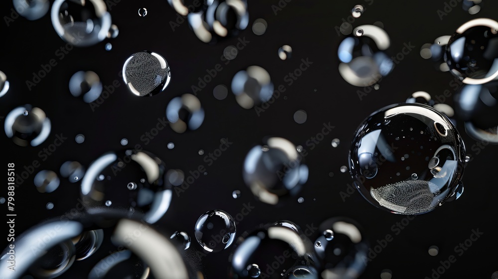  striking 3D rendering featuring cosmetic essence enclosed within liquid bubbles, with intricate molecules suspended inside each bubble. This captivating scene is set against a sleek black background,
