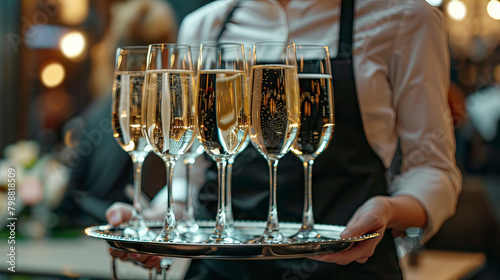 Waitress holding a tray with champagne glasses.
