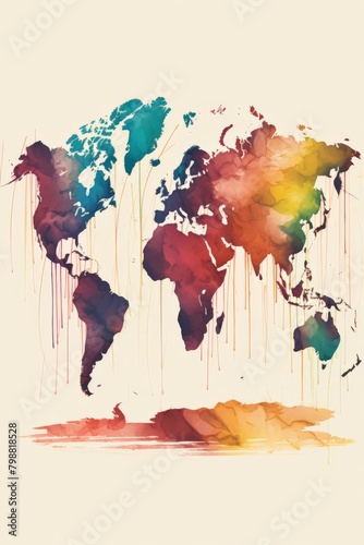 A watercolor painting of the world map in muted colors.