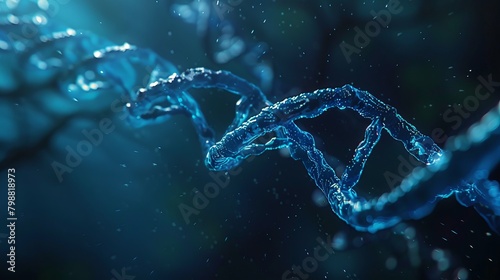 Visualize a captivating 3D image showcasing a close-up view of a dark blue DNA strand, filling the entire screen with its intricate details and mesmerizing beauty. © Mahmud