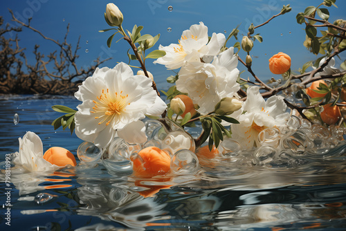 Scène fantastique surréaliste de fleurs et de fruits tropicaux flottant dans l'eau, de plantes vertes, de pêches oranges, de fleurs blanches, de ciel bleu, de reflets à la surface de l'eau. photo