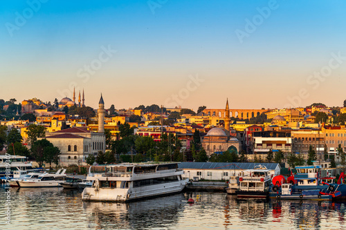 Istanbul city of sunset citycape is beautiful scenery of summer with lifestyle travel, tourism and vacation in Istanbul town buildings .Turkey.