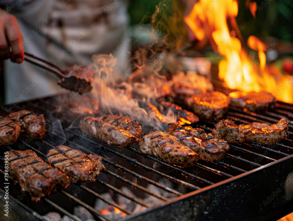 grill master grilling meat with flames grill master grilling meat with flames