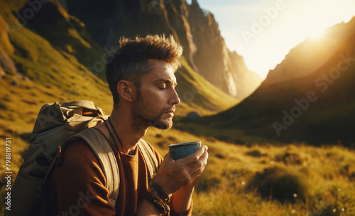 travelling man drinking tea in mountains in sunset or sunrise with satisfaction and dreamy exptression photo