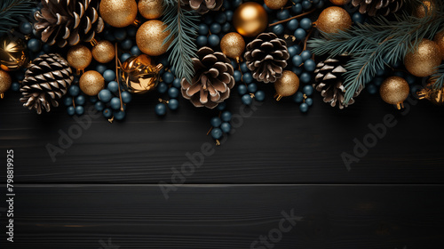Fond en bois de Noël avec décorations dorées et pommes de pin sur les bords, vue de dessus. Les branches d'arbres de Noël bordent une table en bois sombre en gros plan. photo