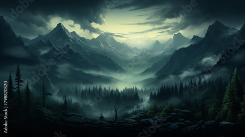 Un paysage forestier sombre et brumeux avec de grands arbres, des montagnes en arrière-plan et un clair de lune brillant à travers les nuages photo