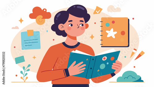 A student showcases their personal sketchbook filled with sketches and notes of their daily observations and musings. They explain how their. Vector illustration
