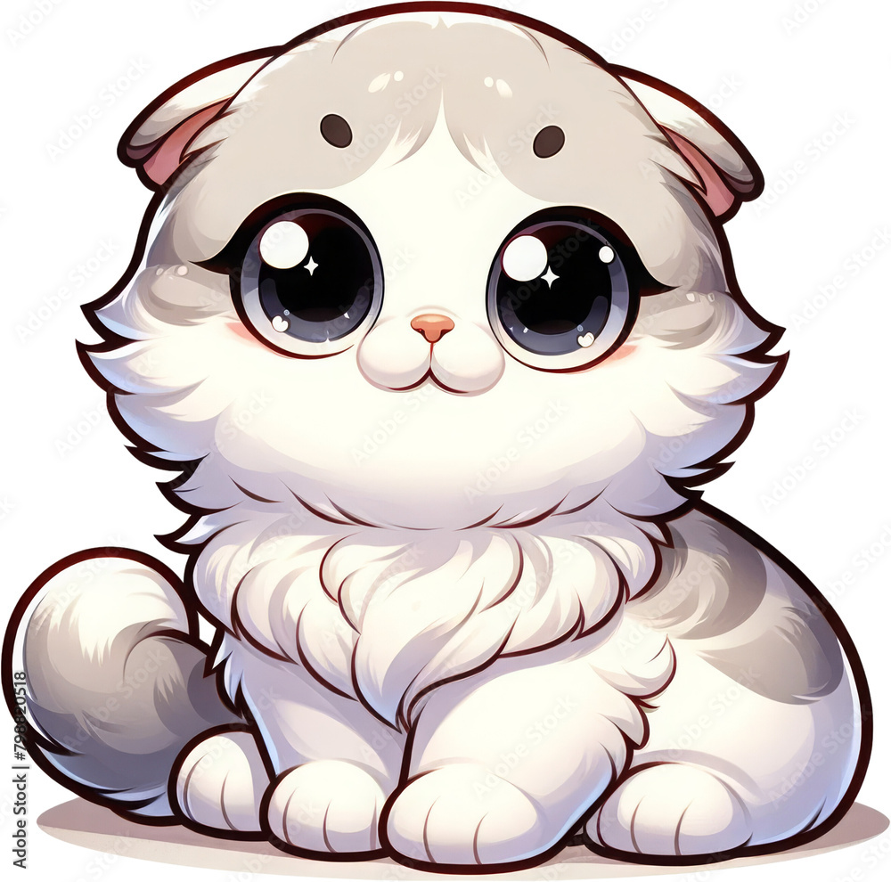 Adorable illustration of a fluffy white kitten with big sparkling eyes, exuding innocence and charm in a digital art style.