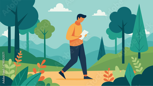 One man strolls through a peaceful wooded area pausing to jot down inspiration for his next creative writing piece..
