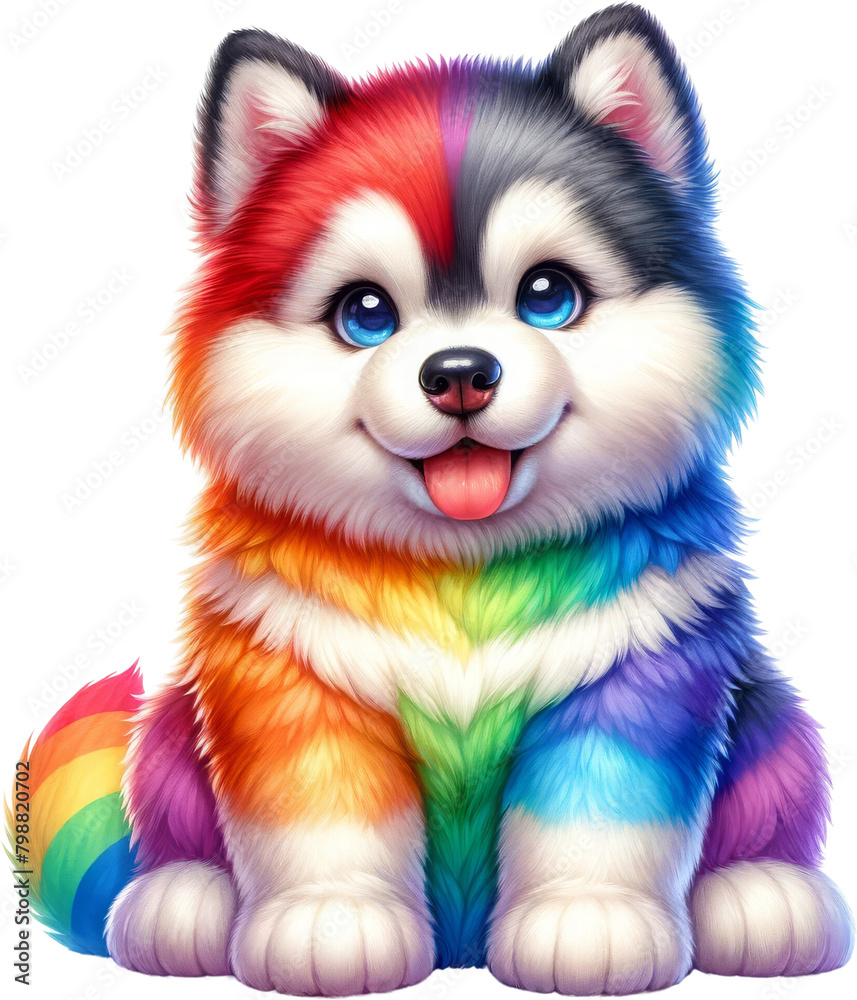 Digital art of a cheerful husky puppy with a vibrant rainbow-colored fur, offering a playful and whimsical vibe.