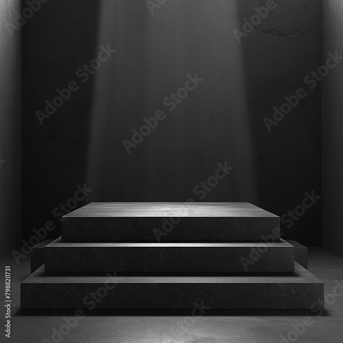 A black stage with stairs and large wall in the background