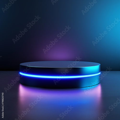 A round podium for product presentation with a neon blue and pink lights