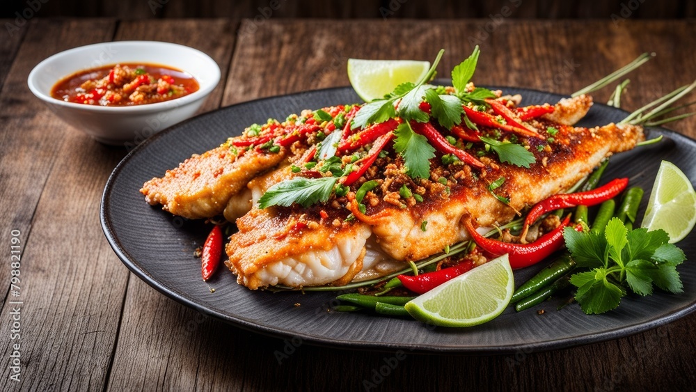 Delicious whole fish in light breading with Thai pepper and thick sweet and spicy sauce. Delicious whole fish in light breading with Thai pepper and thick sweet and spicy sauce.