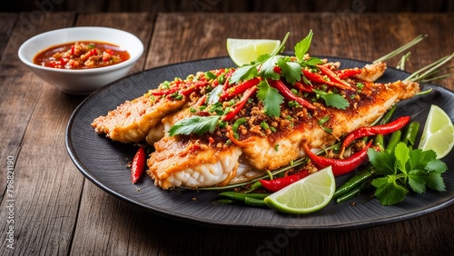 Delicious whole fish in light breading with Thai pepper and thick sweet and spicy sauce.